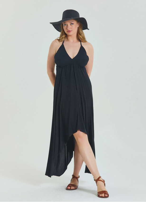 V Neck Backless Halter Neck Black Plus Size Dress 4663